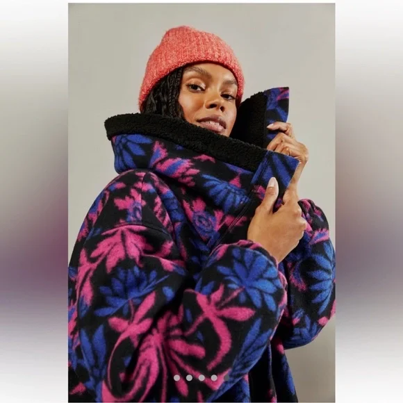 Free People This Love Black and Pink Floral Sherpa lined Coat - Picture 2 of 16
